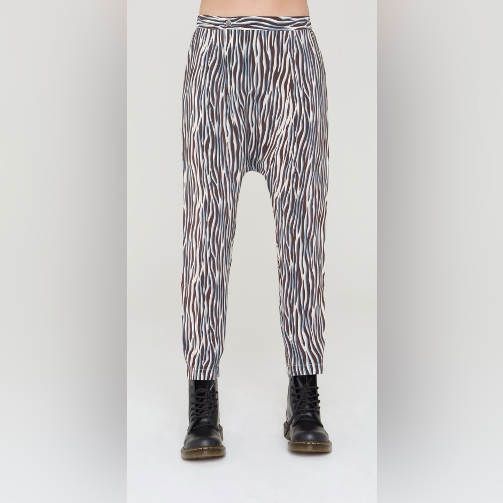 La Boheme Musa Silk Charmeuse Harem Pants Zebra Brown/Cream/Blue Stripe NWT